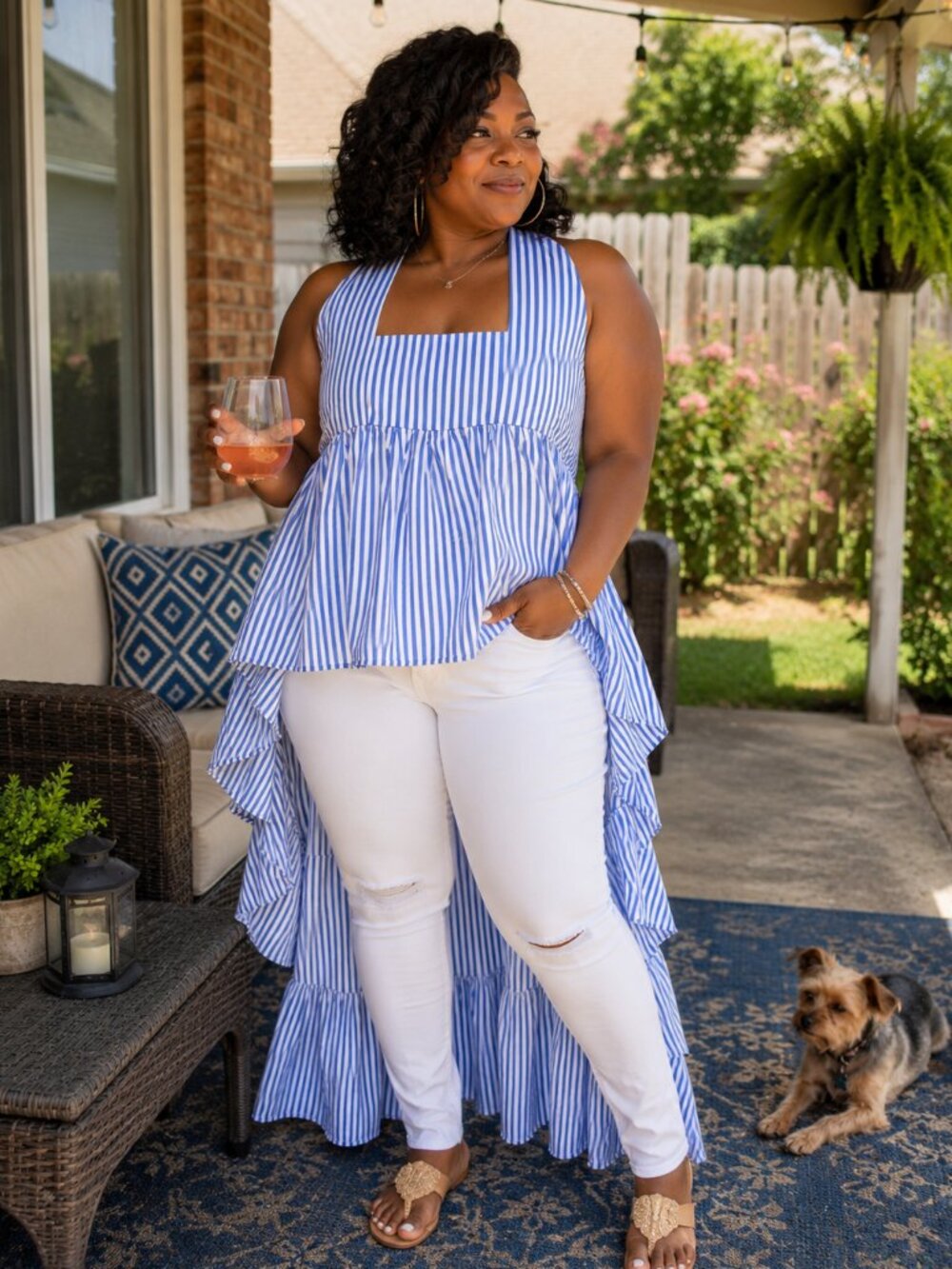 Blue & White Striped High-Low Ruffle Peplum Top